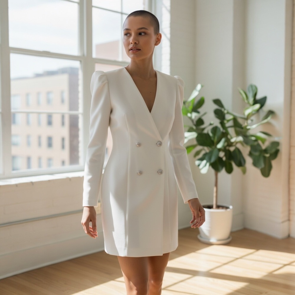 BARDOT Britt Blazer Dress Ivory Double‎ Breasted Puff Sleeve